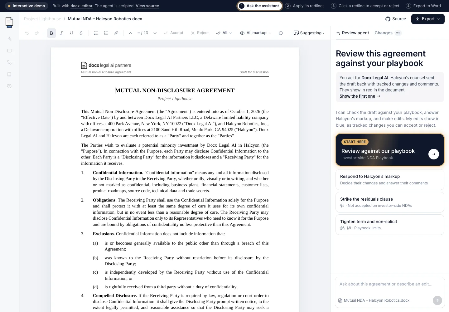 Contract redlining workspace with an NDA and a review assistant