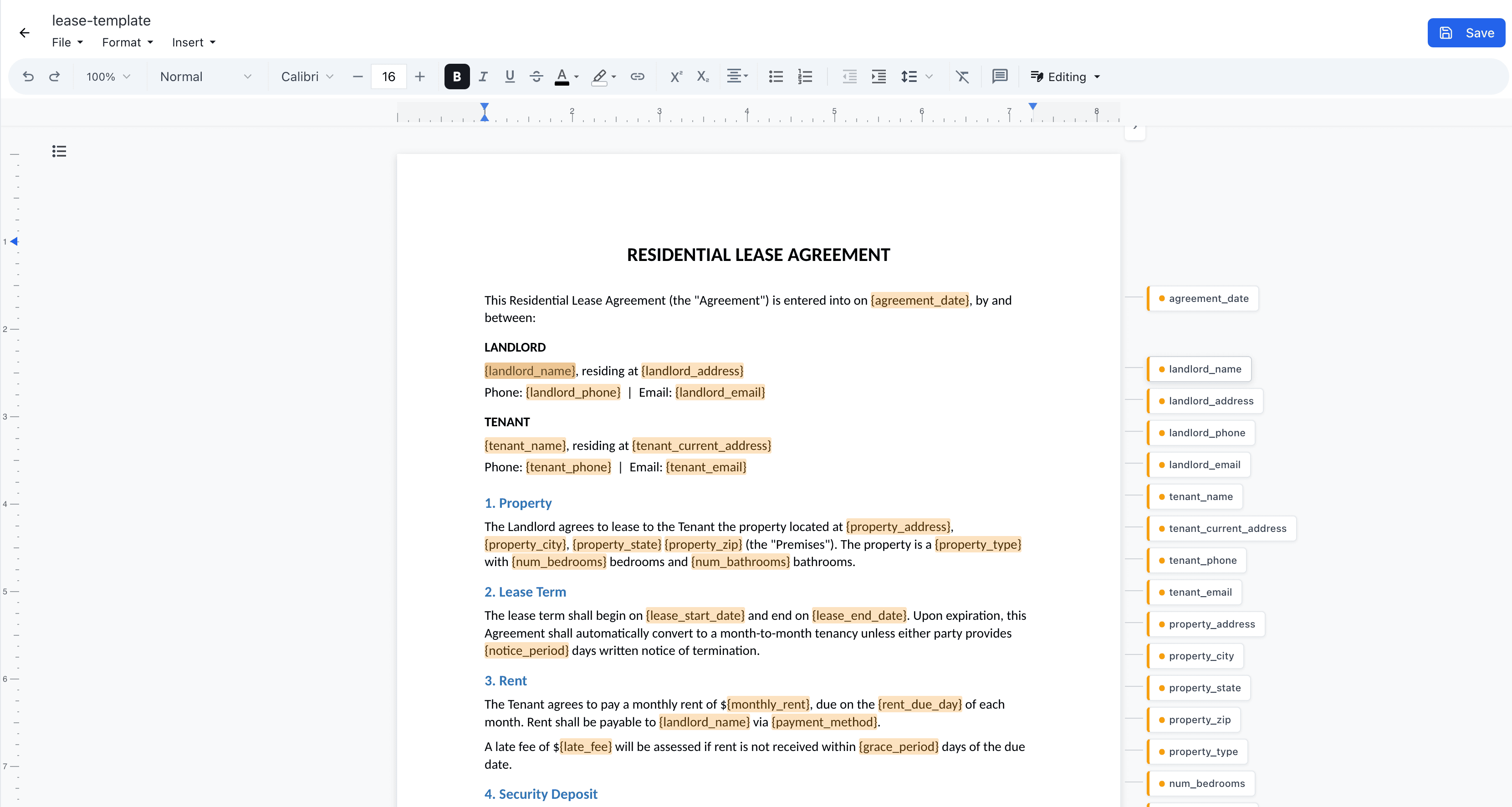 Docxtemplater template preview with variable highlighting and annotation panel